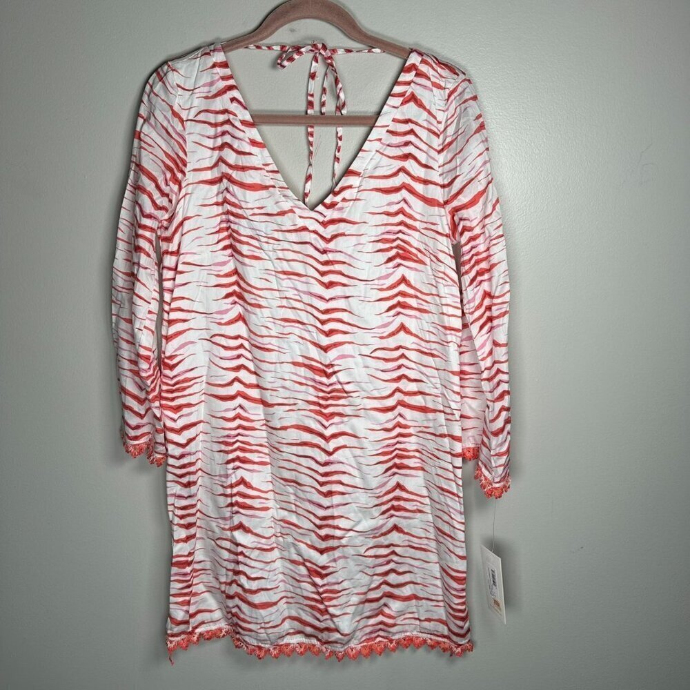 Persifor Brie Dress Size Medium Zebra Pink Tunic Neck Fringe Coverup Preppy NWT